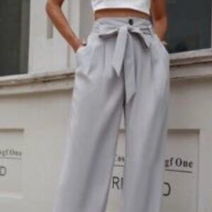 Gray Pinstripe Paper Bag Draw String Pants Cropped